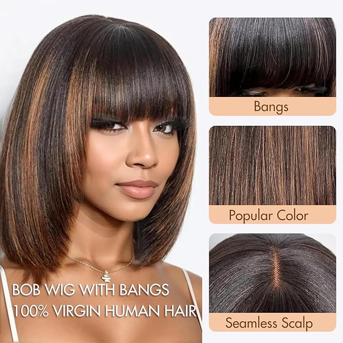 Bob Wig 100% Virgin Human Hair Wigs Glueless 2.5x1 Lace Closed F1B/30 Color Short Bob Human Hair With Bangs Ready To Go Straight bob wig human hair（14 Inch bob wig）