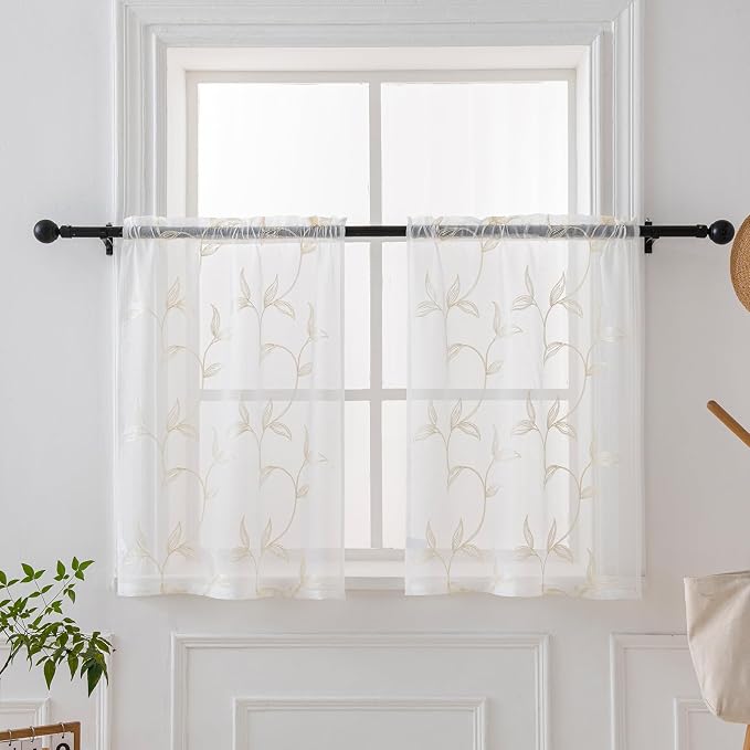 Sheer Kitchen Cafe Curtains Embroidered Leaf Pattern Beige 26x36 | Light by VISIONTEX