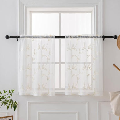 Sheer Kitchen Cafe Curtains Embroidered Leaf Pattern Beige 26x36 | Light by VISIONTEX