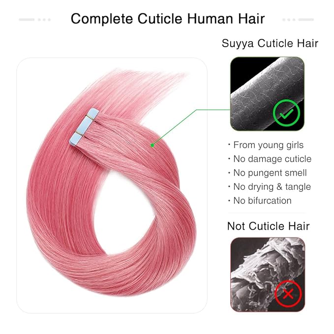SUYYA Tape in Hair Extensions Human Hair - Hot Pink, 20 Inch, 10PCS/Pack, Straight, 25g
