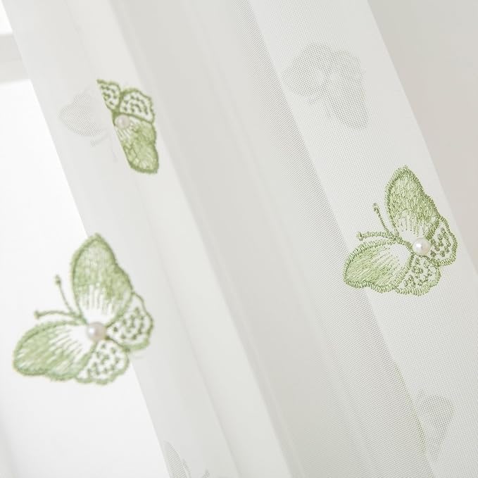 White Sheer Voile Curtains Green Embossed Butterflies 72 Inches | Light - Image 3