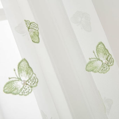 White Sheer Voile Curtains Green Embossed Butterflies 72 Inches | Light - Image 3