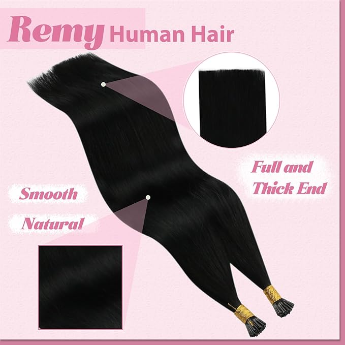 YoungSee Itip Human Hair Extensions Black 20In I Tip Hair Extensions Human Hair Jet Black Itip Extension Remy Hair 50s 50g Pre Bonded Hair Extension with Soft and Smooth Texture