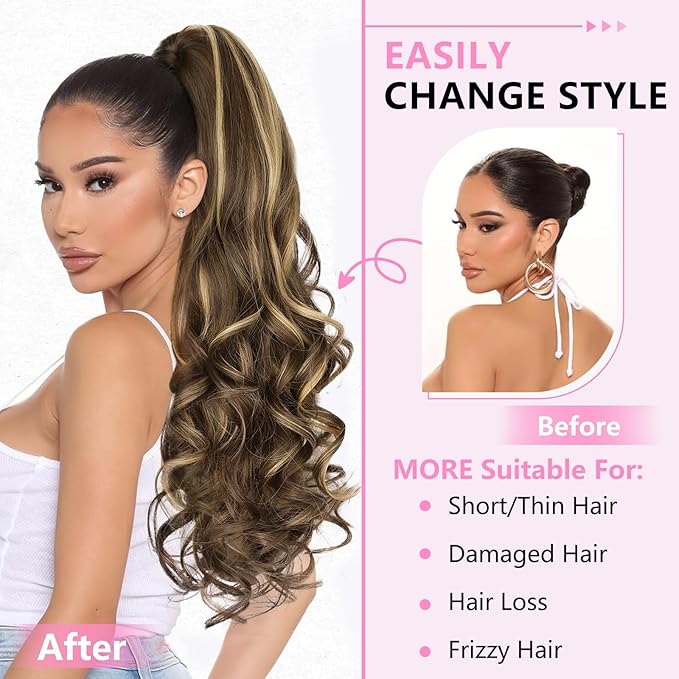 ALXNAN Ponytail Extension,24 Inch Claw Clip in Long Curly Wavy Chocolate Brown with Highlights Ponytail Hair Extension Jaw Clip on Pony Tails Hairpiece for Women