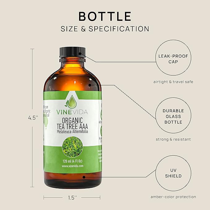 VINEVIDA Organic Tea Tree Essential Oil 4 oz - Undiluted, Pure, Vegan, and Sustainable