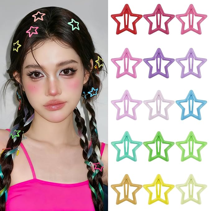 Star Hair Clips Snap Hair Barrettes Non Slip Star Hair Accessories Multiple Colors Metal Hair Clips for Girls Women -15 PCS 1.18"