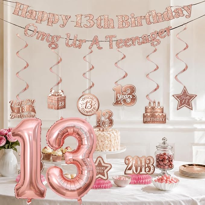 13th Birthday Decorations For Girls, Pre-Strung Rose Gold Happy 13th Birthday & - Image 7