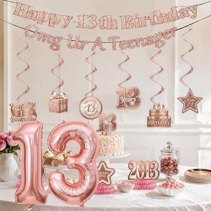 13th Birthday Decorations For Girls, Pre-Strung Rose Gold Happy 13th Birthday & - Image 7