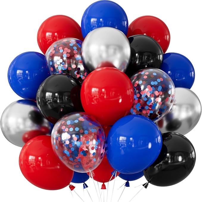 Black Red and Blue Balloons, Glitter Metallic Silver Balloon by Adeyoo