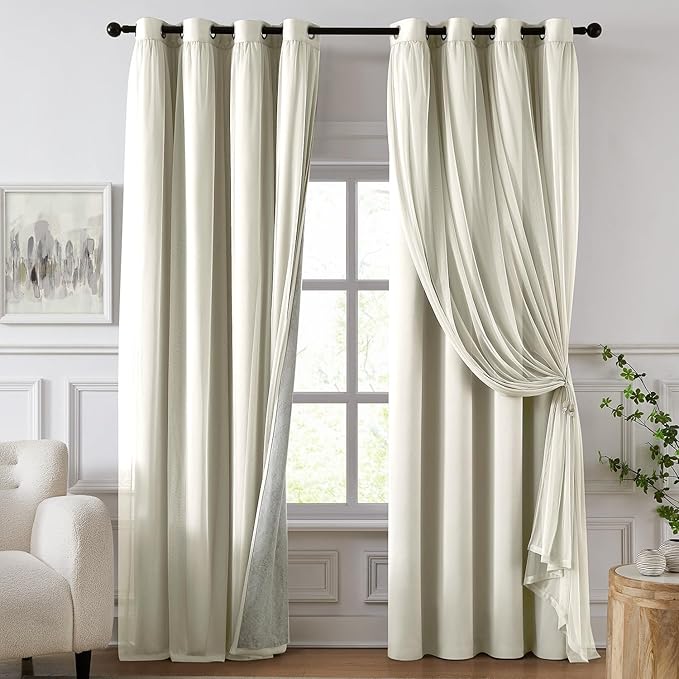 100% Blackout Curtains for Bedroom, Double Layer Ivory Curtains, Room Darkening by Swandream