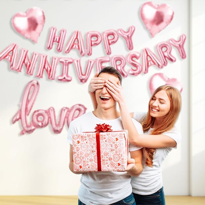 Happy Anniversary Balloon Set, Rose Gold Foil Balloon Banner - Image 3
