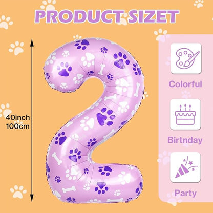40 Inch Pink Dog Paw Balloons, Numeral 2 Birthday Balloons - Image 2