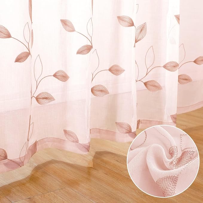HOMEIDEAS Blush Pink Sheer Curtains W52 x L96, Embroidered Vine Leaf | 2 Panels - Image 3