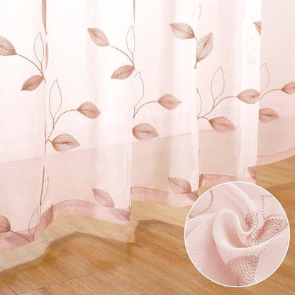 HOMEIDEAS Blush Pink Sheer Curtains W52 x L96, Embroidered Vine Leaf | 2 Panels - Image 3