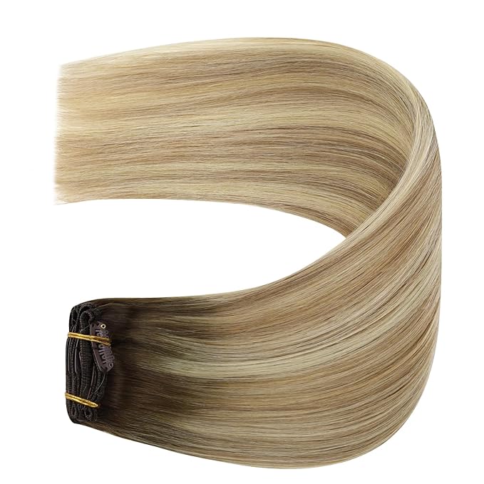 YoungSee Balayage Clip in Hair Extensions Walnut Brown Ombre Light Brown with Blonde Clip in Extensions Balayage Real Hair Extension Clip in Human Hair for Short Hair 12Inch 85G 7Pcs