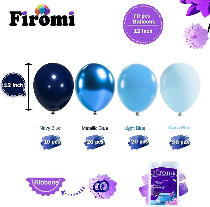 Firomi Metallic Chrome Blue Balloons Set 12-inch 70 pack | Blue Latex Balloon - Image 2