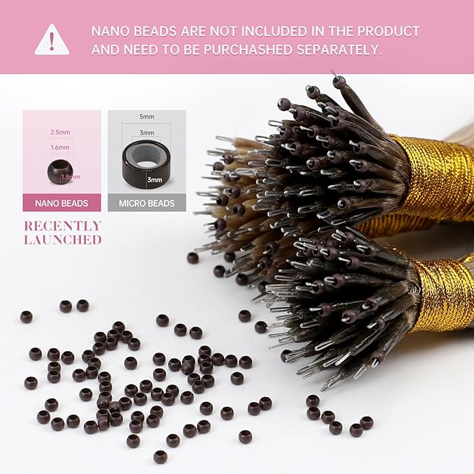 YoungSee 24 inch Nano Beads Hair Extensions Balayage Dark Brown with Ash Blonde Invisible Nano Hair Extensions Human Hair Long Straight Nano Rings Human Hair Extension Balayage Cold Fusion 1g/s 50g