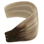 YoungSee Sew in Hair Extensions Real Human Hair 22Inch Ombre Blonde Double Weft Human Hair Extension Brown Roots to Gold Blond Mix Platinum Blonde Hair Extensions Sew in for Long Hair 100G