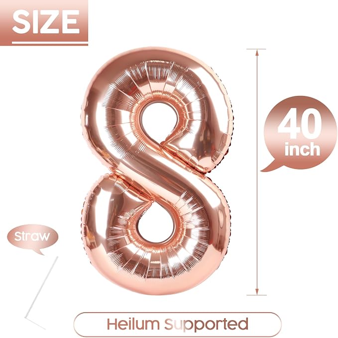 8 Balloon - Rose Gold Birthday Number Balloons, 40 Inch Party Decorations | - Image 5