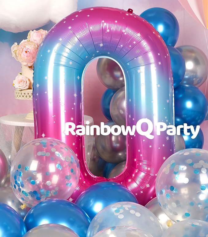 RainbowQ Blue Pink 0 Balloon Number 40 Inch Big 0-10 Foil Large Balloon | - Image 4