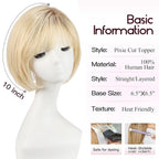 EMMOR Human Hair Toppers for Women Short Bob Real Hair with Bangs 10" Side Part Hairpieces for Women with Thin Hair 6.5" × 6.5" Larger Base Human Wig Toppers(Ombre Light Blonde)