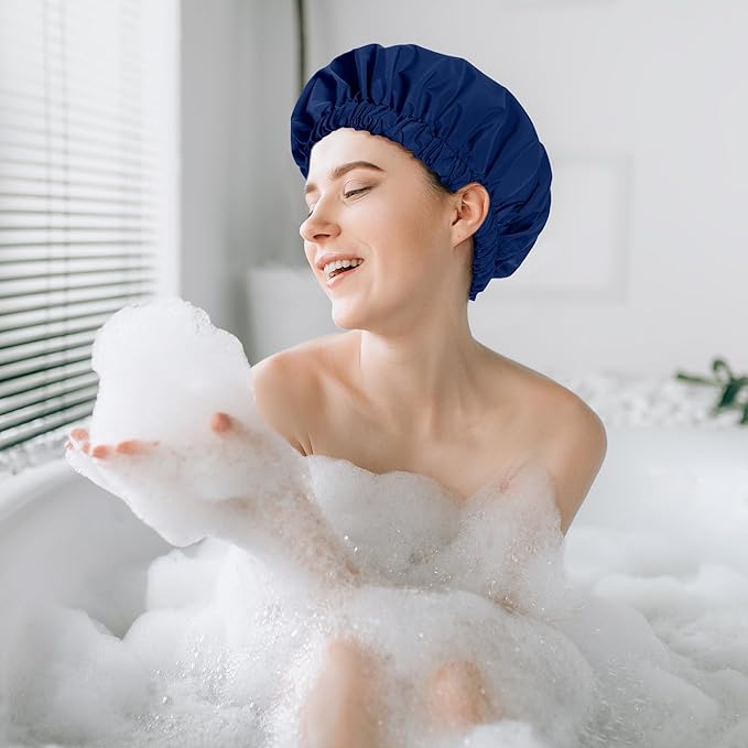 Reusable Shower Cap for Women, Stylish Large Waterproof Shower Bonnet Washable Wide Elastic Band Hair Cap for Long Hair, Braids Bath Hat(Navy)