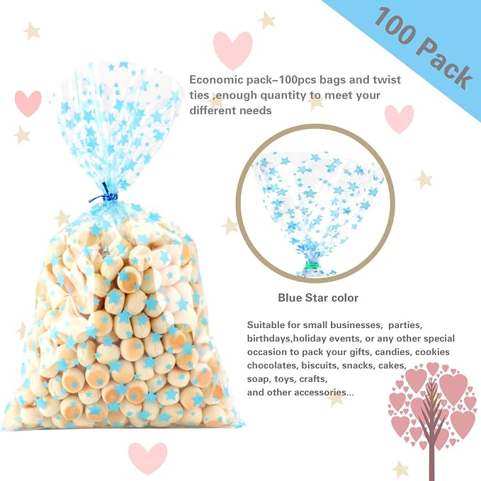 COQOFA 100 Pcs 7"X12" Blue Star Printed Clear Gift Cellophane Treat Bag Party - Image 3