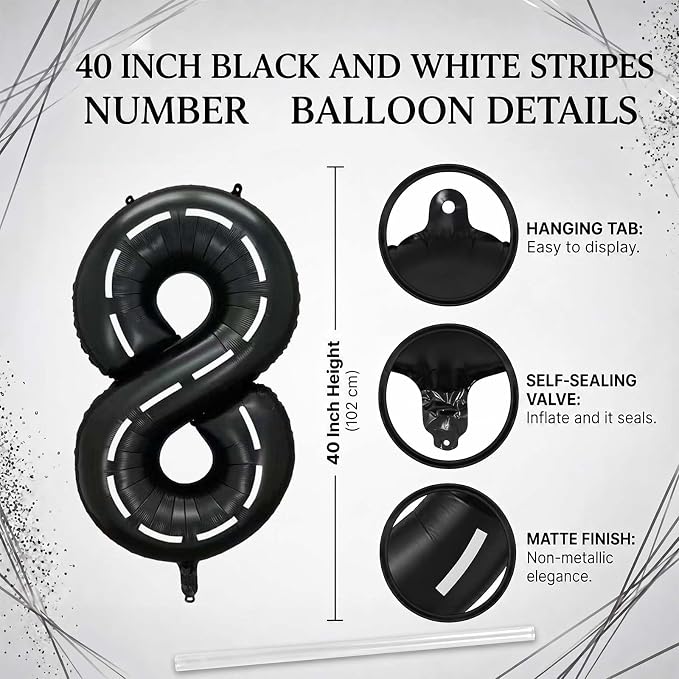 Black and White Stripes Number 8 Balloon 40 Inch, Road Theme Digit Decor | - Image 4
