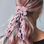 Pack of 2 Star Knotted Bow Hair Scrunchies Elastic Hair Scarf Green Pink Ribbon Scrunchies with Long Tails Stylish Silky Scrunchy Decor