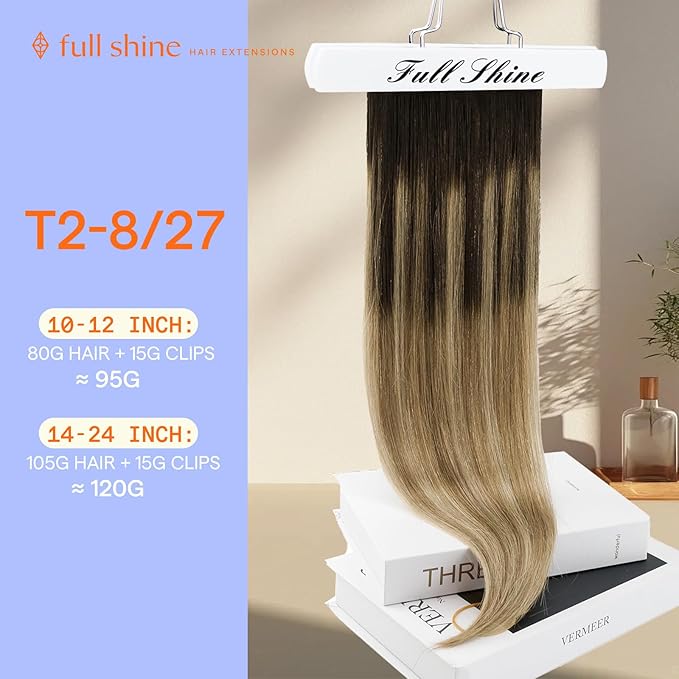 Full Shine Hair Extensions Clip ins Long Ombre Dark Brown to Light Brown Highlights Caramel Blonde Natural Hair Extensions Human Hair 120 G 7 Pcs
