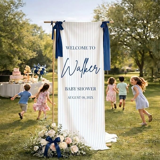 Custom Blue Striped Baby Shower Fabric Sign Hello Baby Linen Backdrop 1 | - Image 4