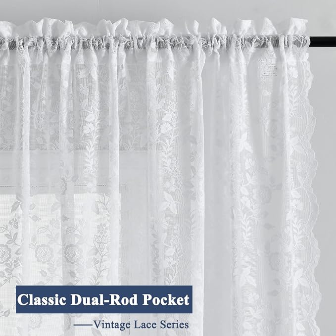 FINECITY White Sheer Lace Curtains Rustic Leaf Floral W52xL45 Inch 2 Panels | - Image 2