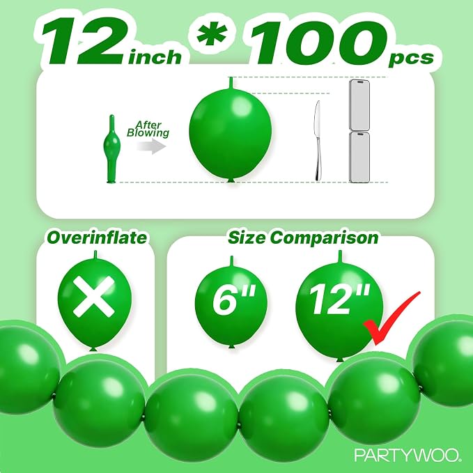 PartyWoo Green Linking Balloons 100pcs 12 Inch Green Link Balloons | - Image 4