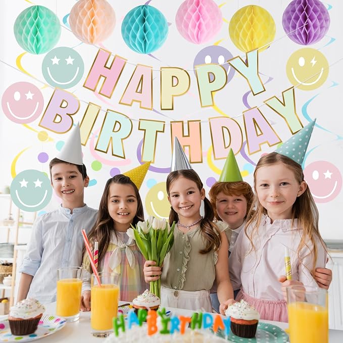 YEOCU Birthday Decorations, No DIY Pre-Strung Happy Birthday Banner | Pastel - Image 4