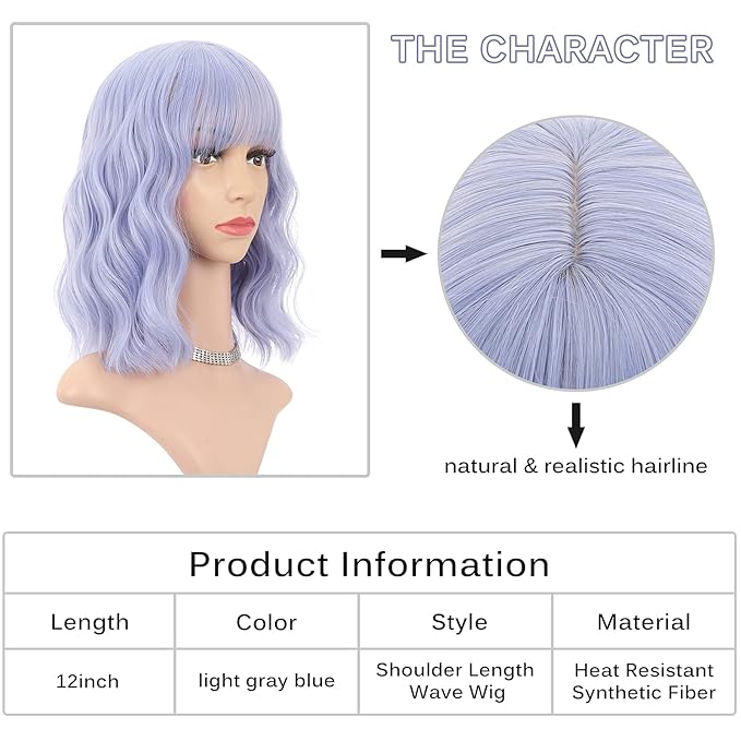 FAELBATY Light Blue Wave Bob Wigs With Bangs Synthetic Cosplay Wig for Women Girls Shoulder Length Costume Wigs Mixed Blue(12" Light Gray Blue)