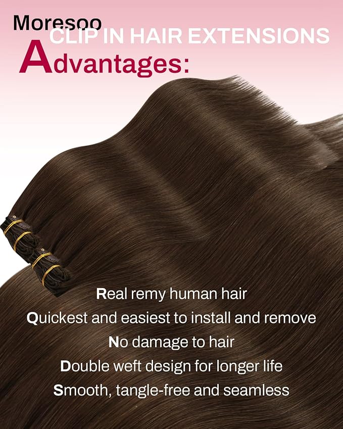 Moresoo Invisible Seamless Clip in Hair Extensions Real Human Hair Medium Brown Clip in Extensions for Long Hair Extensions Medium Brown for Women Pu Skin 120g/7pcs 22 inch