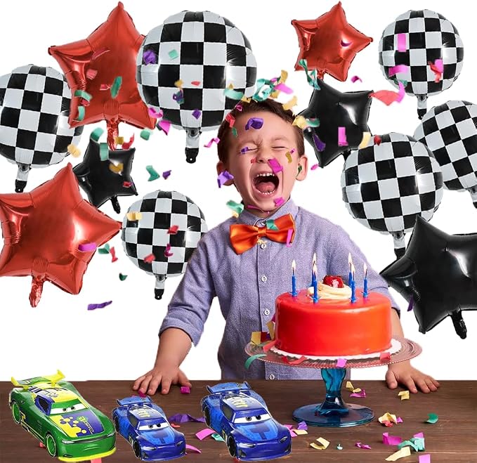 TONIFUL 18Pcs Checkered Round Foil Balloons Race Car Themed Party Decor | 18 - Image 6