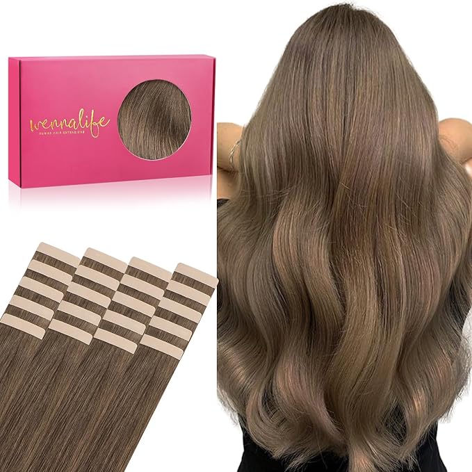 WENNALIFE Tape in Hair Extensions Human Hair, 20pcs 50g 22 inch Light Ash Brown Remy Hair Extensions Straight Human Hair Tape in Extensions Skin Weft Tape Extensions Human Hair