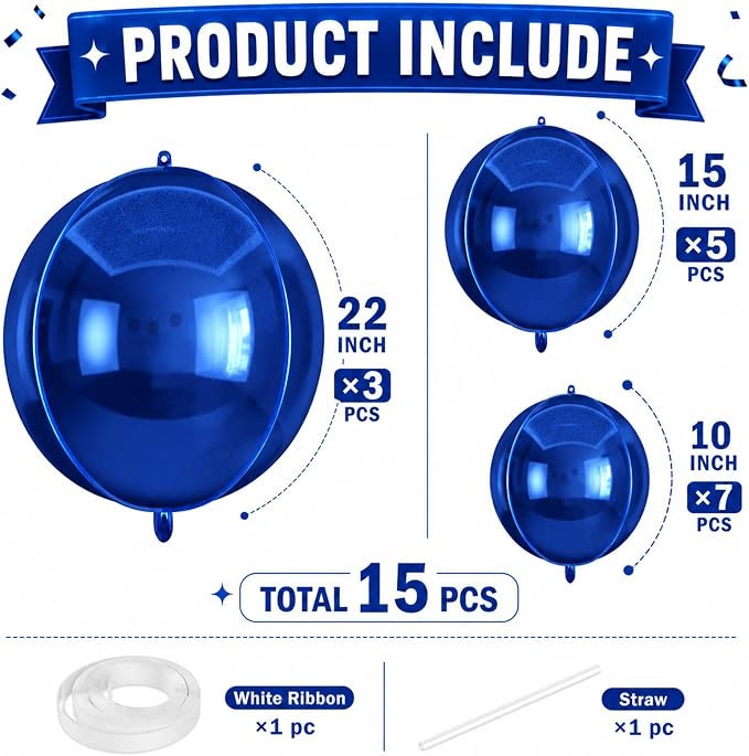 15 Pcs Navy Blue Round Foil Balloons, 22/15/10 Inch 4D Ball Balloons Metallic - Image 2