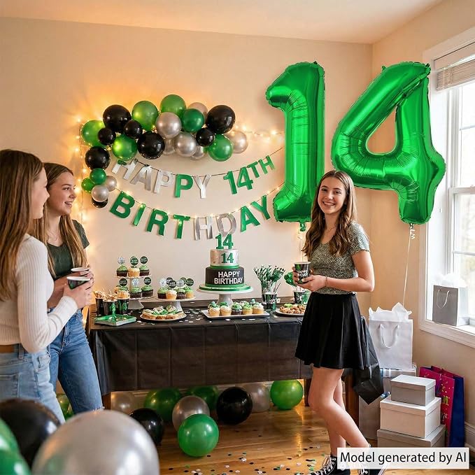 Green Number 14 Balloon 40 Inch, Shiny Foil Duo - Image 2