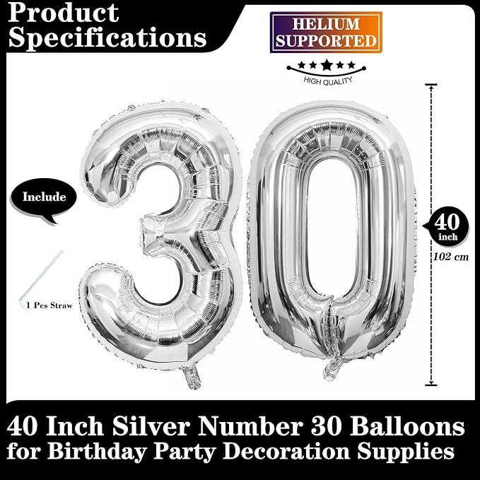 Silver 30 Number Balloons, 40 Inch Giant Number 30 Balloons Foil Mylar Helium - Image 2