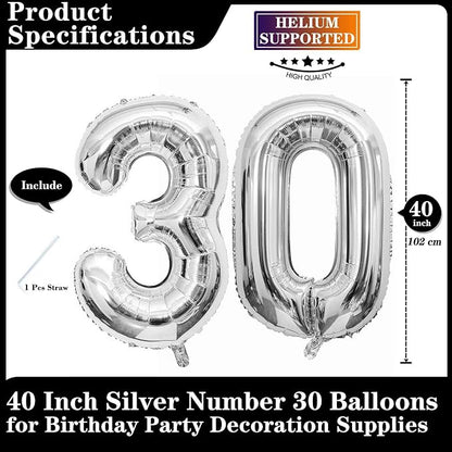 Silver 30 Number Balloons, 40 Inch Giant Number 30 Balloons Foil Mylar Helium - Image 2