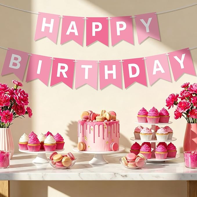 Hooqict Happy Birthday Banner Pink Birthday Decorations - Image 3