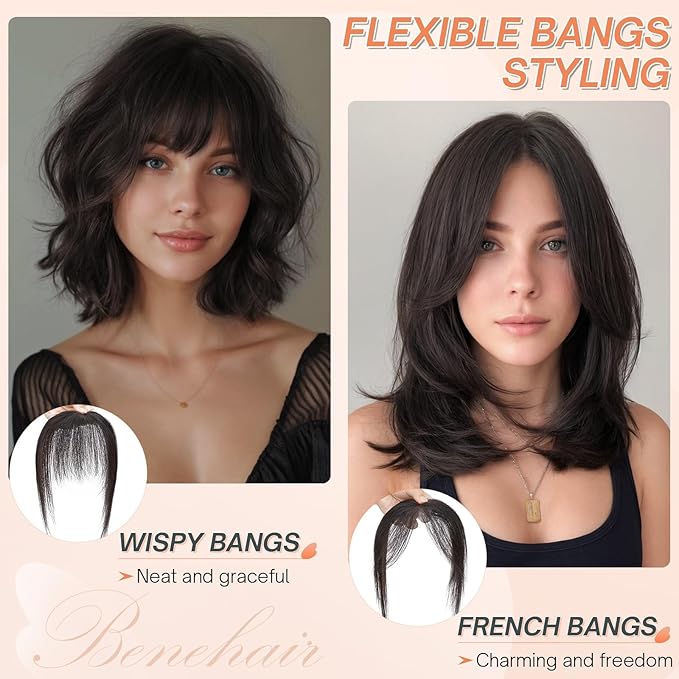 Benehair Clip on Bangs for Women Human Hair, Fake Bangs Clip Human hair, Middle Part Bangs Clip in Hair Extensions Hair Pieces with Temples for Daily Wear (Black)
