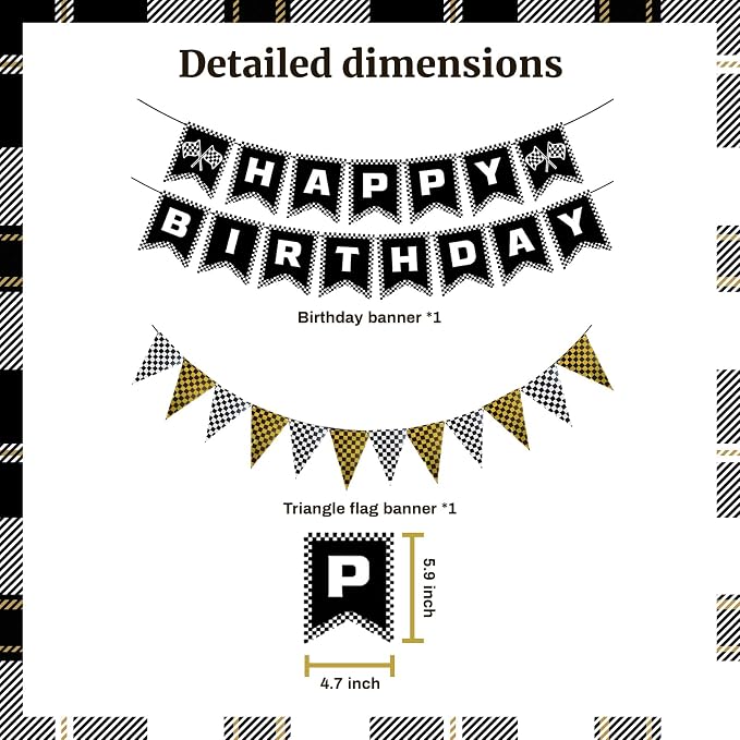 MEETINGU Black and Gold Checkered Flags and Race Car Happy Birthday Banner - Image 2