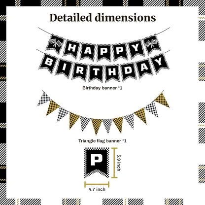 MEETINGU Black and Gold Checkered Flags and Race Car Happy Birthday Banner - Image 2