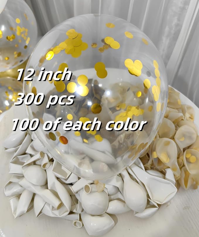 300 Pack Gold and White Balloons 12 Inch Gold Confetti Balloons - Image 2