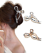 ACECHA 2 Pack Gold Metal Bow Hair Claw Clips for Women, 4.5" Colorful Non-slip Hairclips for Thick Thin Hair Claws Strong Hold Styling (Leopard)