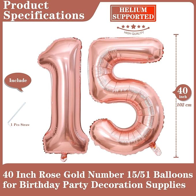 Rose Gold 15 Number Balloons, 40 Inch Giant Number 15 Balloons Foil Mylar - Image 2