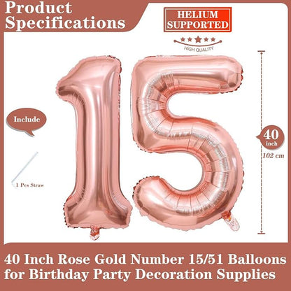 Rose Gold 15 Number Balloons, 40 Inch Giant Number 15 Balloons Foil Mylar - Image 2